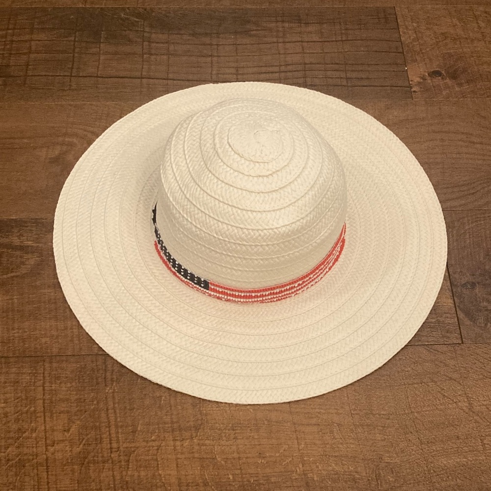 Sun Hat Wise Brim w/ American USA Flag Beaded Band Ivory Adjustable OSFM